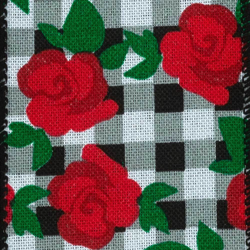 2 1/2" WIRED GINGHAM ROSES,BLACK